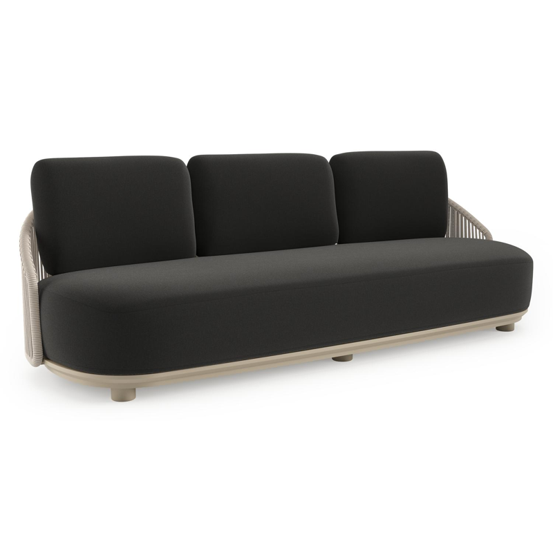 Vadelo loungebank in beige aluminium en beige verticaal geweven ronde rope met natte sooty all weather sunbrella® luxe kussen