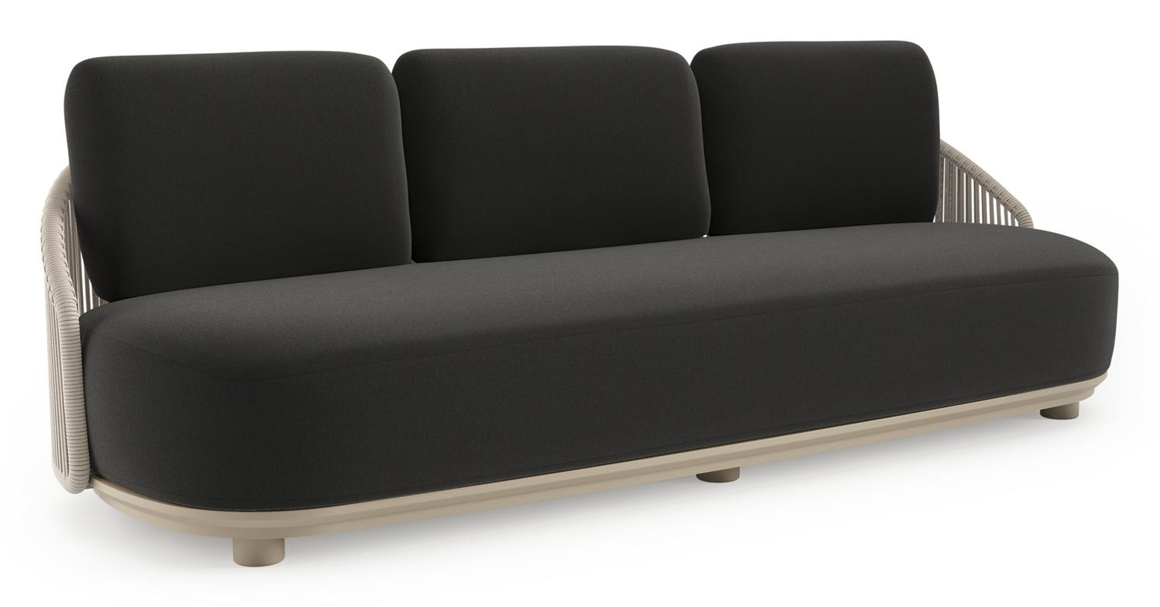 Vadelo loungebank in beige aluminium en beige verticaal geweven ronde rope met natte sooty all weather sunbrella® luxe kussen