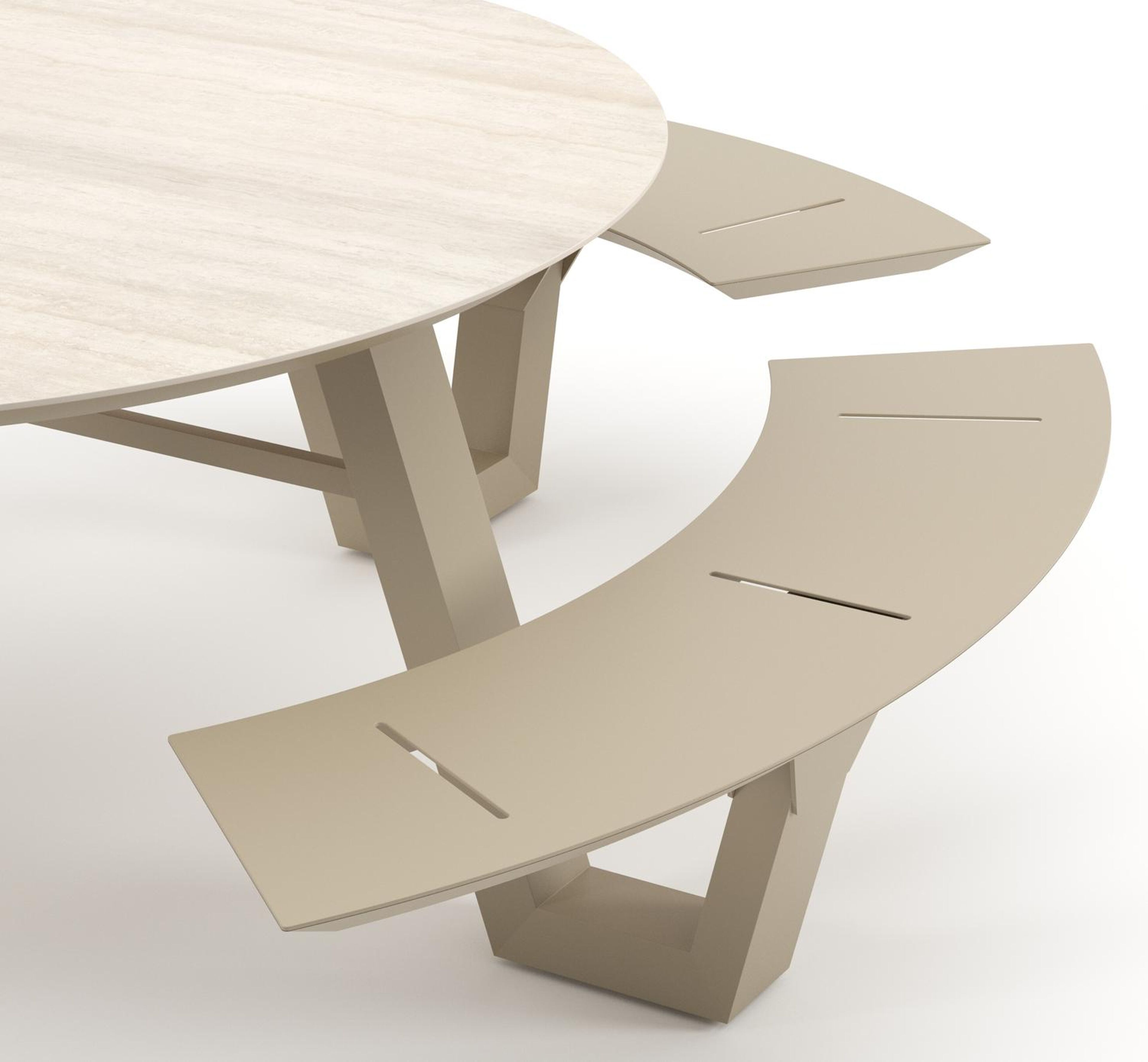 Table de pique-nique Rondino ronde en aluminium beige et céramique pleine Travertino Bianco - Diam. 148 x Haut. 71.5 cm