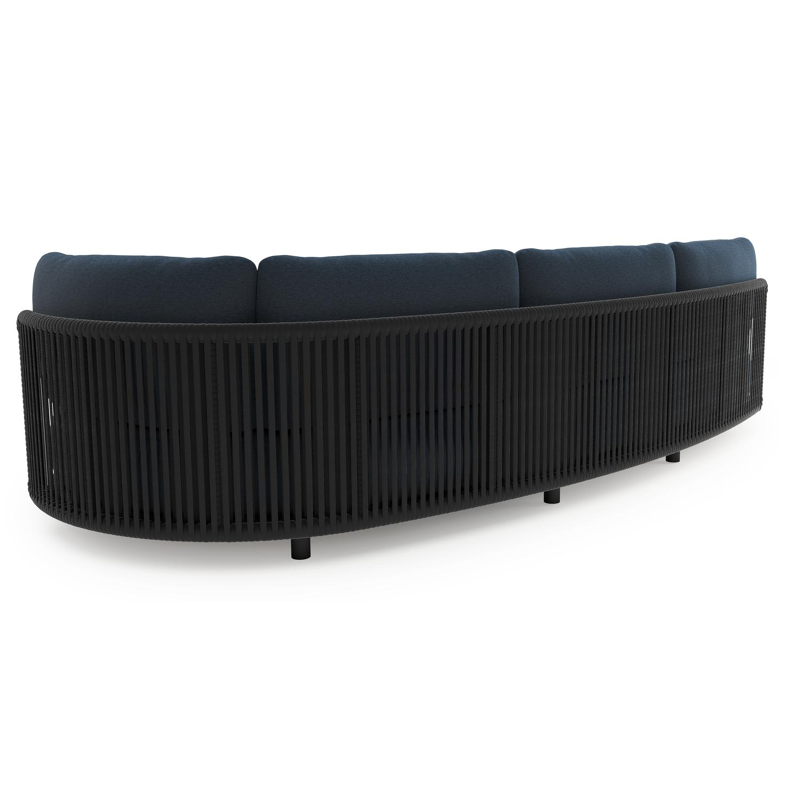Lomano loungebank in zwart aluminium en zwart verticaal geweven luxe vlakke rope met heritage indigo All Weather Sunbrella® luxe kussen
