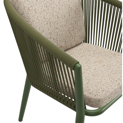 Orso tuinstoel in groen aluminium en groen verticaal geweven ronde rope met luxe zitkussen in All Weather Cosytica Bora Jungle