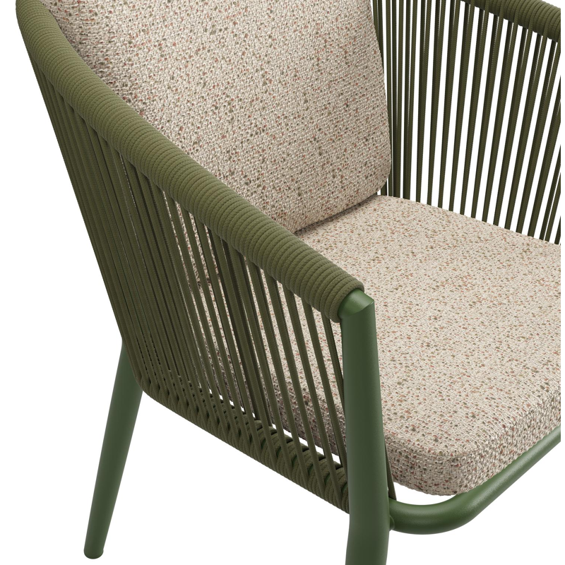 Orso tuinstoel in groen aluminium en groen verticaal geweven ronde rope met luxe zitkussen in All Weather Cosytica Bora Jungle