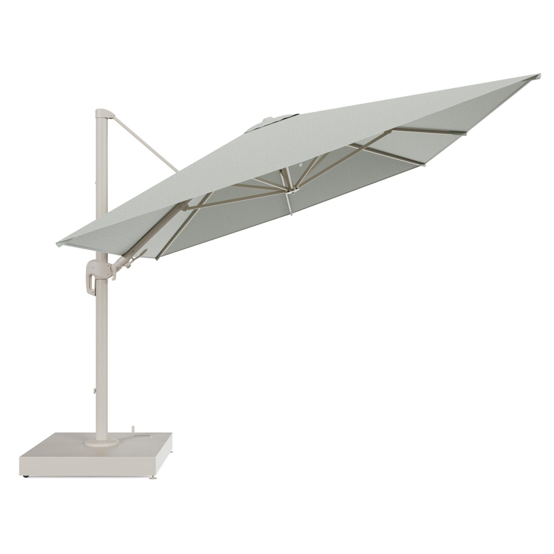 Rufina zweefparasol met tiltfunctie in beige aluminium en Slow Spirea All Weather Sunbrella® Luxe parasoldoek - L1 400 x L2 300 cm met parasolvoet Minore 260 kg met wielen
