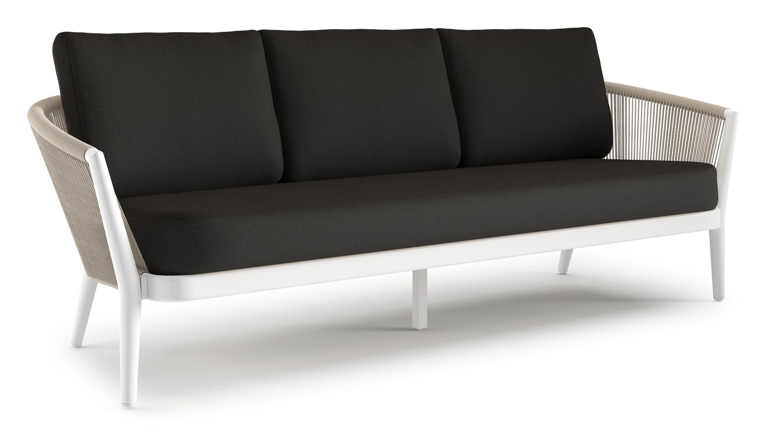 Canapé de jardin Orso en aluminium blanc en corde ronde tissée verticalement beige et coussins en all weather sunbrella® luxe Heritage char