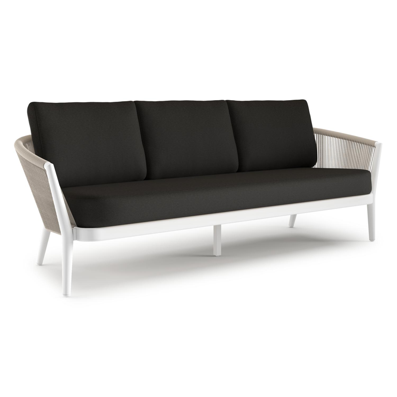 Orso loungebank in wit aluminium en beige verticaal geweven ronde rope met Heritage Char all weather sunbrella® luxe kussen