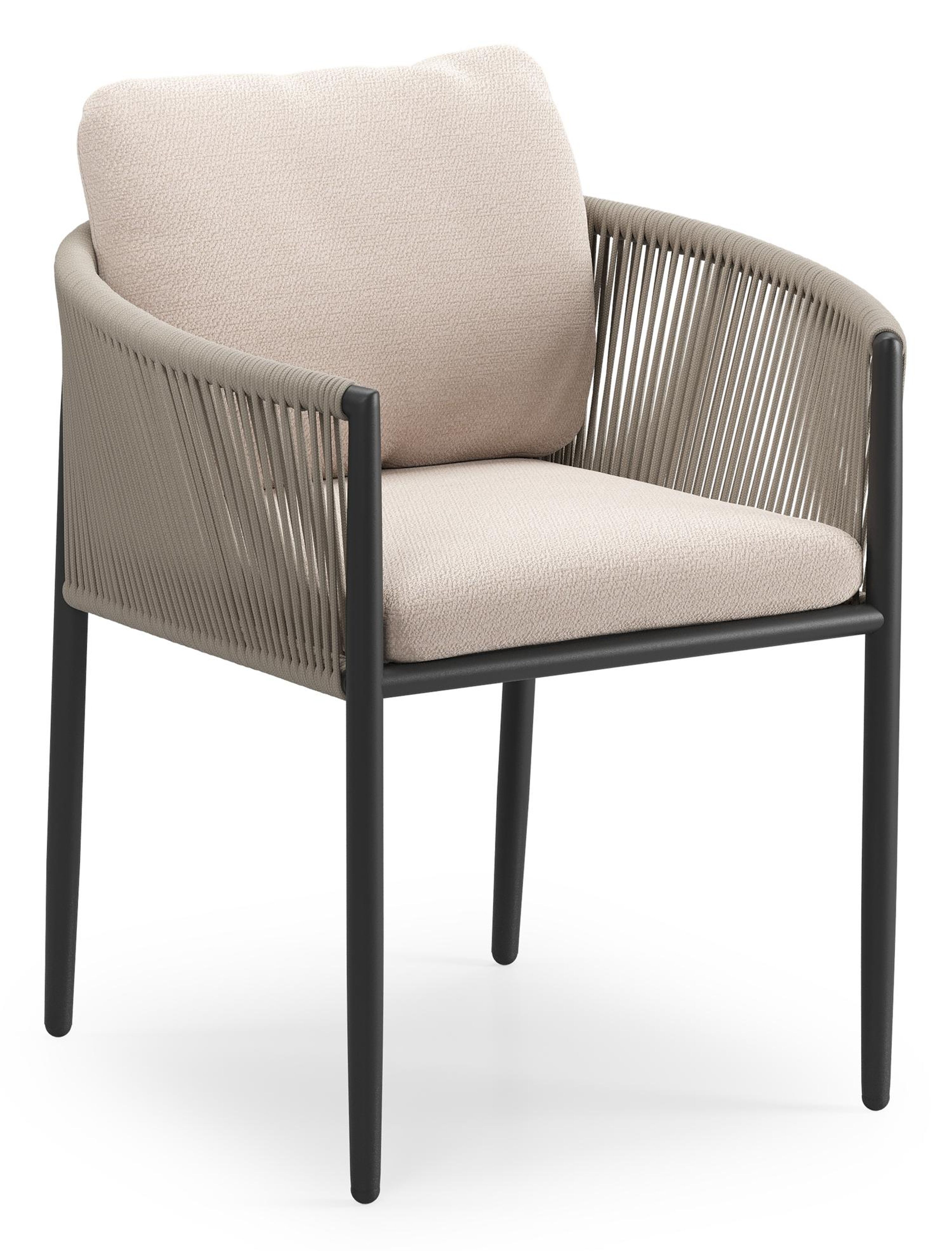 Organo tuinstoel in zwart aluminium en zwart verticaal geweven ronde rope met stoelkussen in All Weather Sunbrella® Luxe Wander Pilat