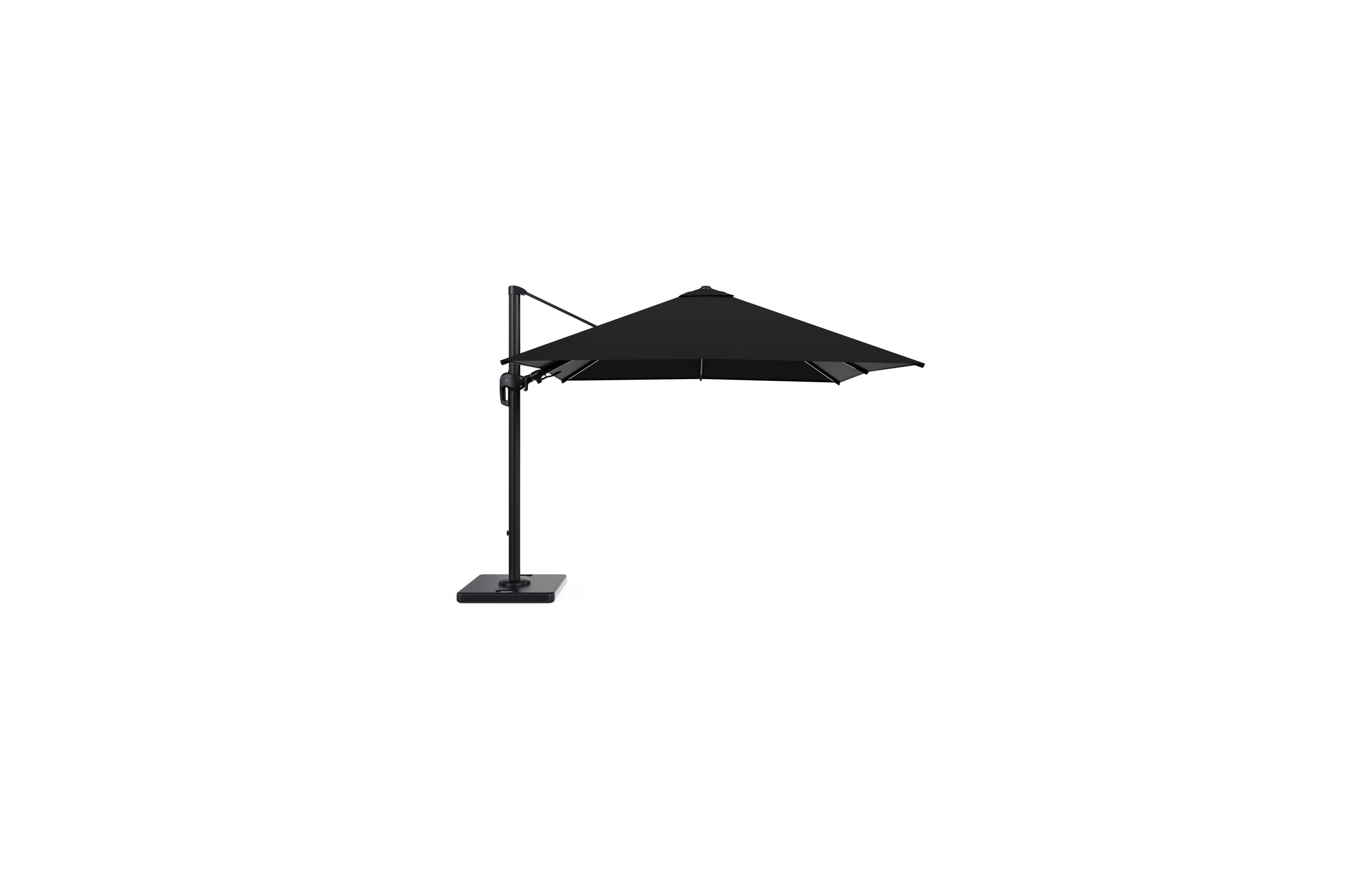 Rufina zweefparasol met tiltfunctie in zwart aluminium met zwart all weather sunbrella® premium parasoldoek - L1 300 x L2 300 cm met parasolvoet Lapido 120 kg