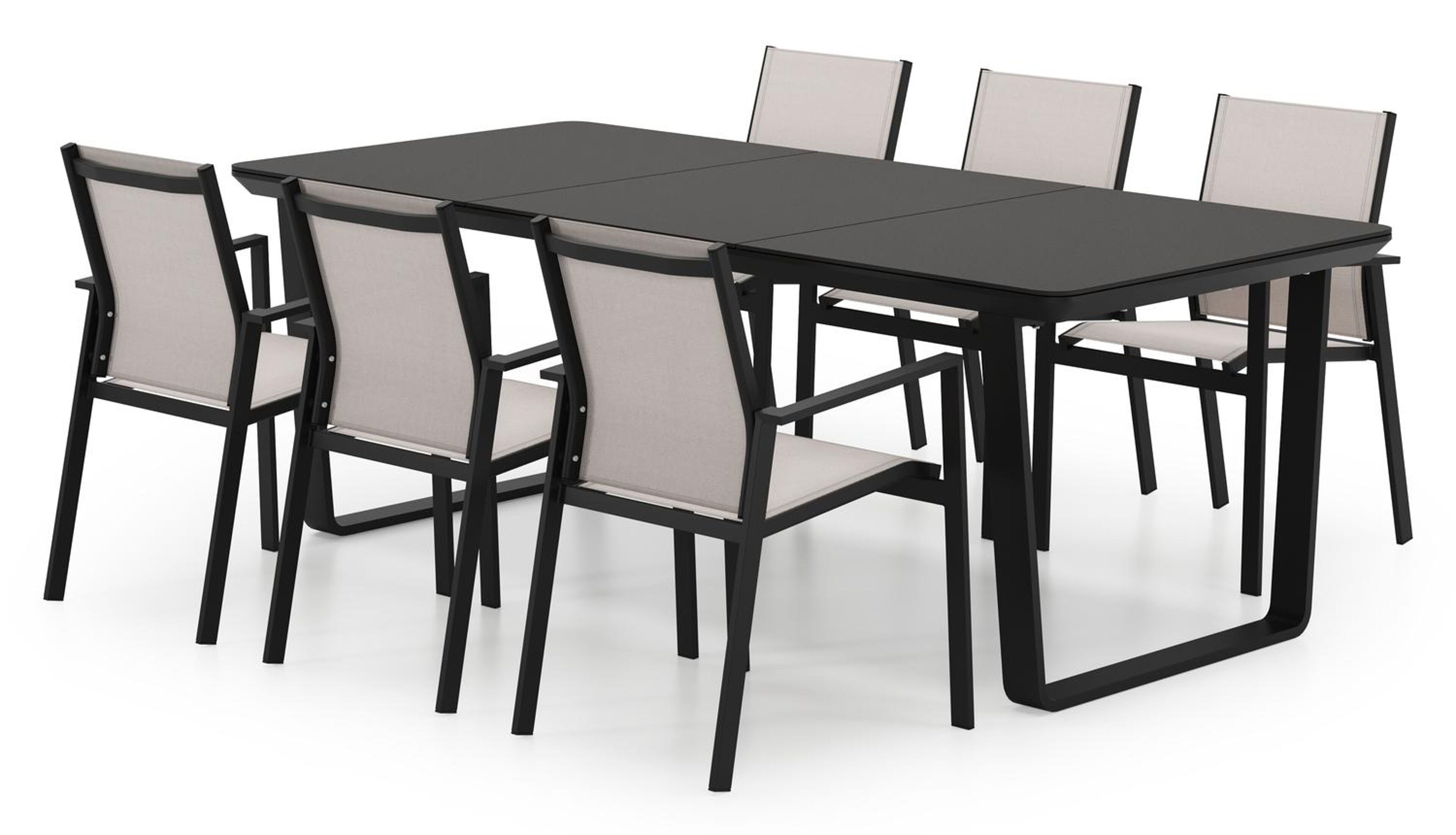 Ensemble de jardin Alora en aluminium noir et sintered stone noir avec 6 chaises de jardin empliable Bahia