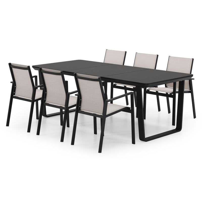 Alora tuinset in zwart aluminium en zwart sintered stone met 6 stapelbare Bahia tuinstoelen