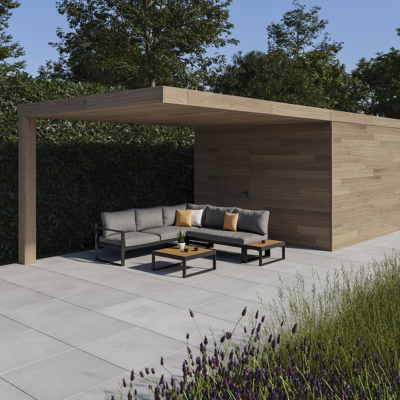 Salon de jardin d'angle Caldela en aluminium noir et polywood avec coussin en gris polyester et table basse