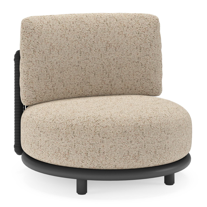 Fauteuil de jardin Lomano en aluminium noir et corde luxe plate tissée verticalement beige et coussins en all weather cosytica bora jungle