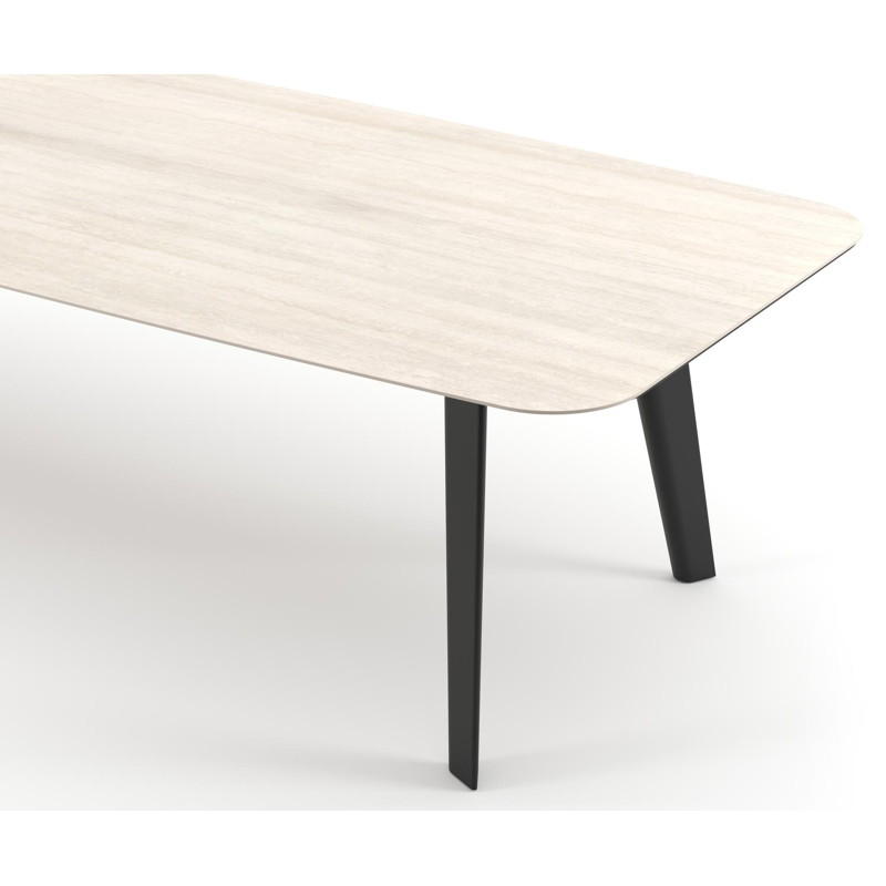 Table de jardin Lacrima forme de bateau en aluminium noir et céramique pleine Travertino Bianco - Lg. 315 x Lrg. 115 x Haut. 73 cm