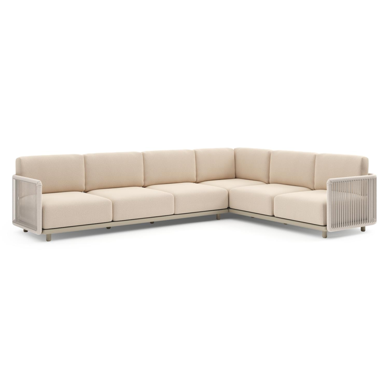 Organo loungehoek in beige aluminium en beige verticaal geweven luxe vlakke rope met heritage papyrus all weather Sunbrella® luxe kussen