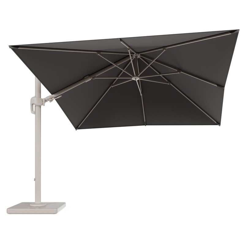 Rufina zweefparasol tiltfunctie in beige aluminium en parasoldoek in All Weather Sunbrella® Luxe Natte Nature Grey - L1 300 x L2 300 cm met parasolvoet Lapido 120 kg