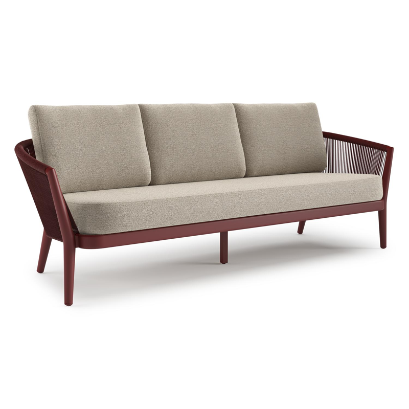 Canapé de jardin Orso en aluminium ruby en corde ronde tissée verticalement ruby et coussins en all weather cosytica Catania Greige