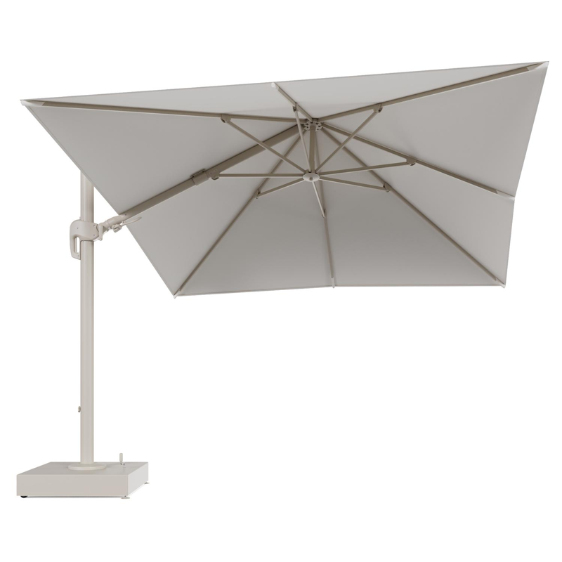 Rufina zweefparasol met tiltfunctie in beige aluminium en Savane White All Weather Sunbrella® Luxe parasoldoek - L1 300 x L2 300 cm met parasolvoet Minore 150 kg met wielen