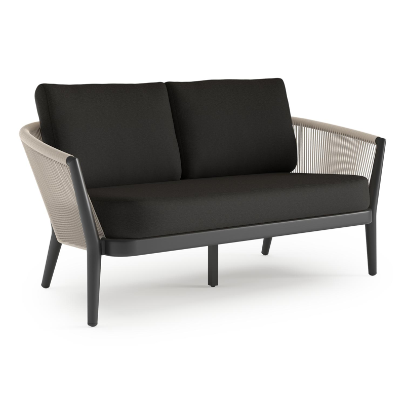 Orso loungebank in zwart aluminium en beige verticaal geweven ronde rope met Heritage Char all weather sunbrella® luxe kussen