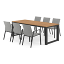 Ensemble de jardin Livo en aluminium noir avec plateau de table en teck et 6 chaises de jardin empilables Madura