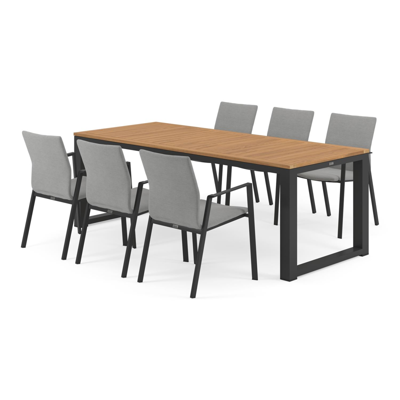 Livo tuinset in zwart aluminium en naturel teak tafelblad met 6 stapelbare Madura tuinstoelen