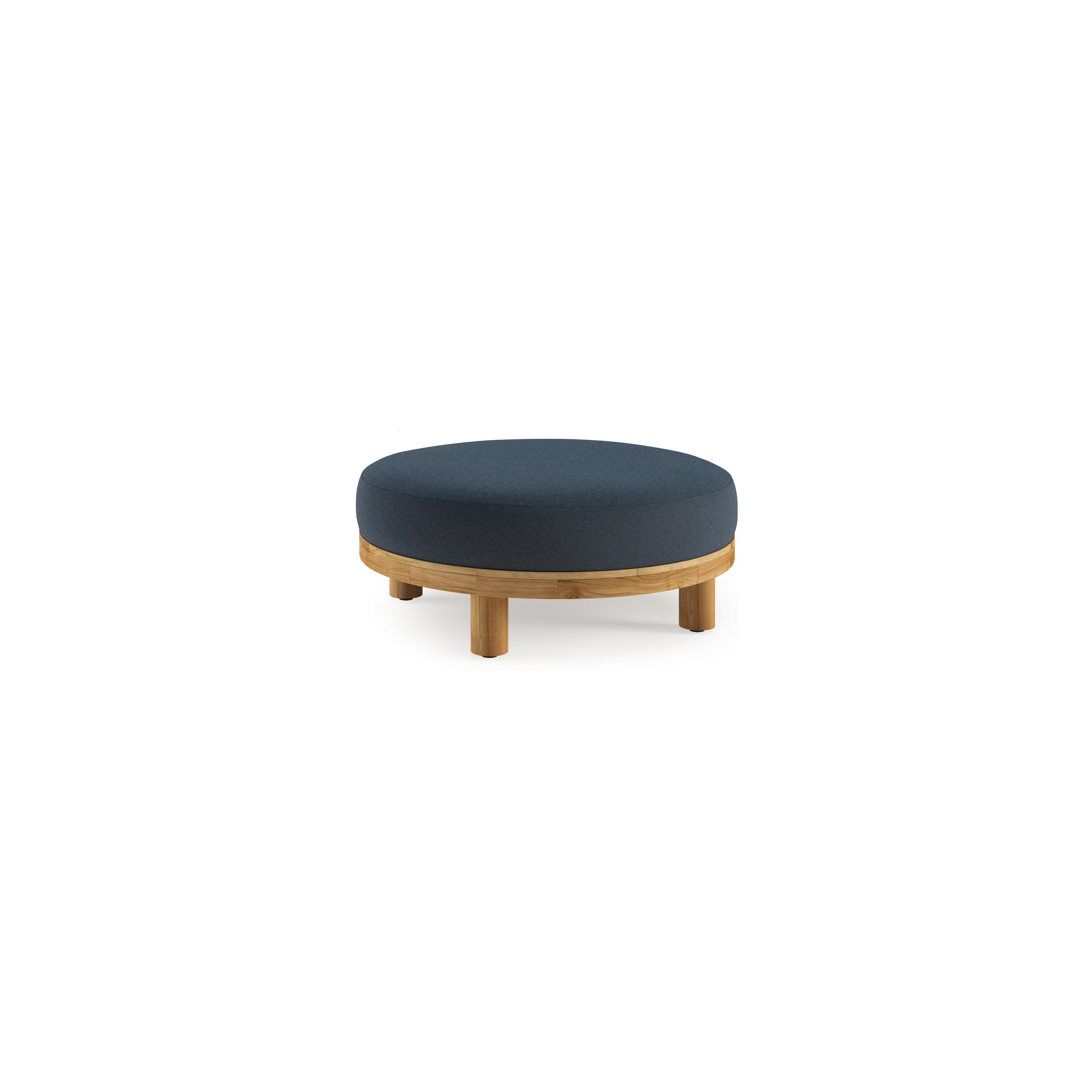Salon de jardin pouf Donato en teck et corde ronde tissée verticalement beige et coussins en all weather sunbrella® luxe Heritage Indigo
