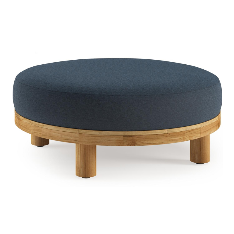 Donato lounge poef in teak en beige verticaal geweven ronde rope met all weather sunbrella® luxe Heritage Indigo kussen