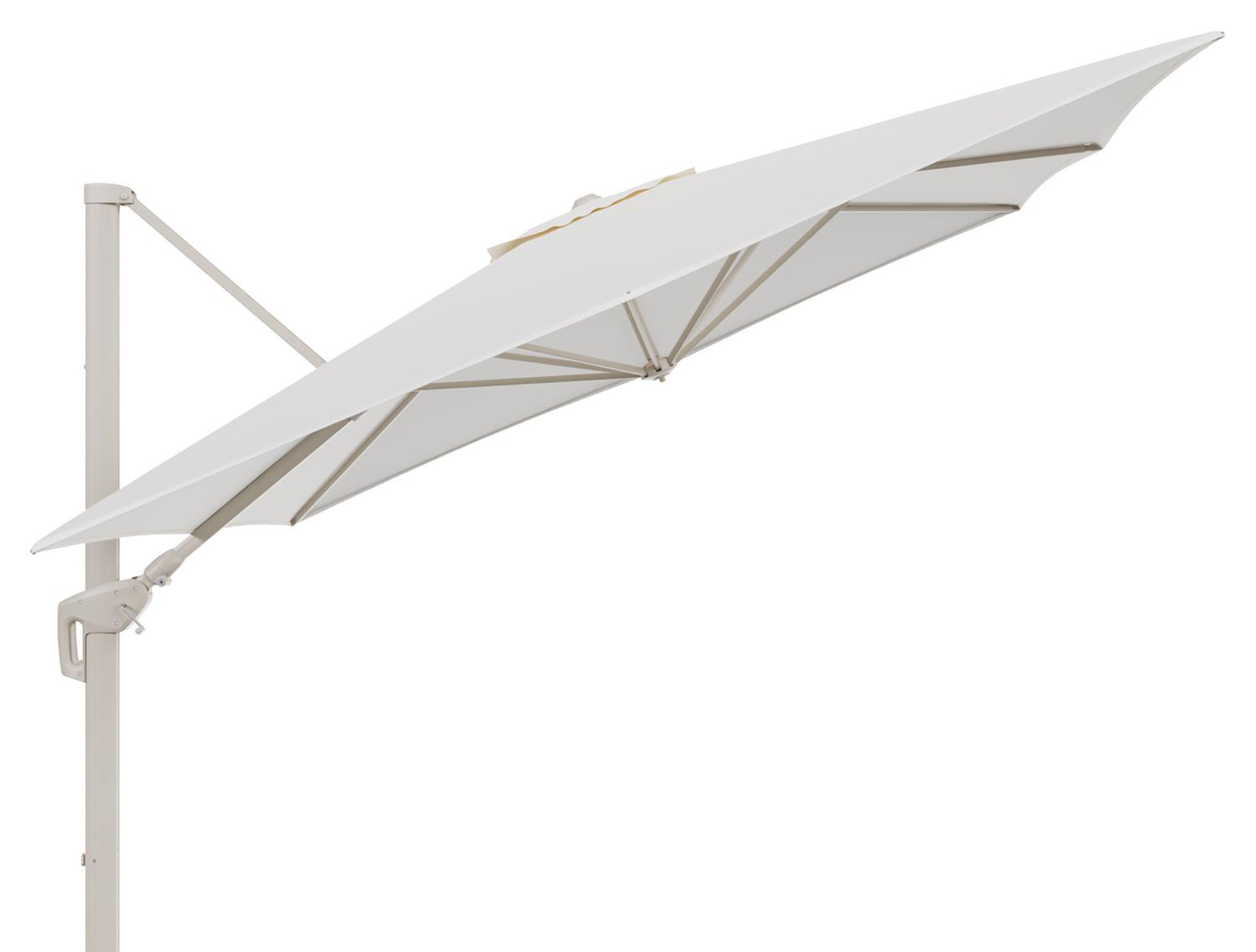 Parasol pendant Minore avec fonction tilt en aluminium beige et toile de parasol All Weather Sunbrella® Luxe Natte White - Lg.1: 350 x Lg.2: 350 cm (sans pied de parasol