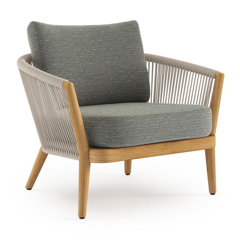 Orso loungestoel in teak en beige verticaal geweven ronde rope met Slow Fern all weather sunbrella® luxe kussen