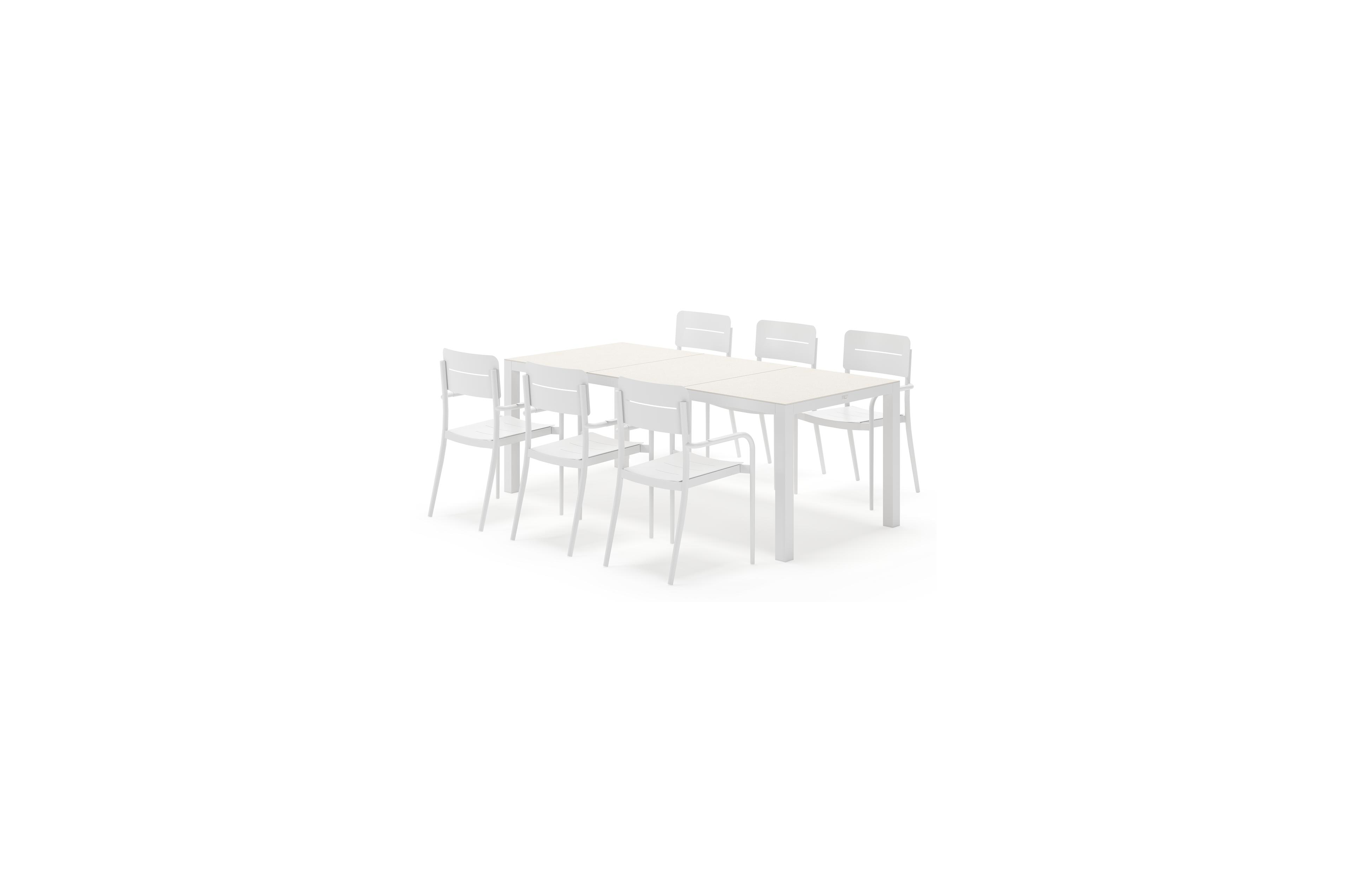 Toma tuinset rechthoekig in wit aluminium en sintered stone beige met 6 Salto tuinstoelen