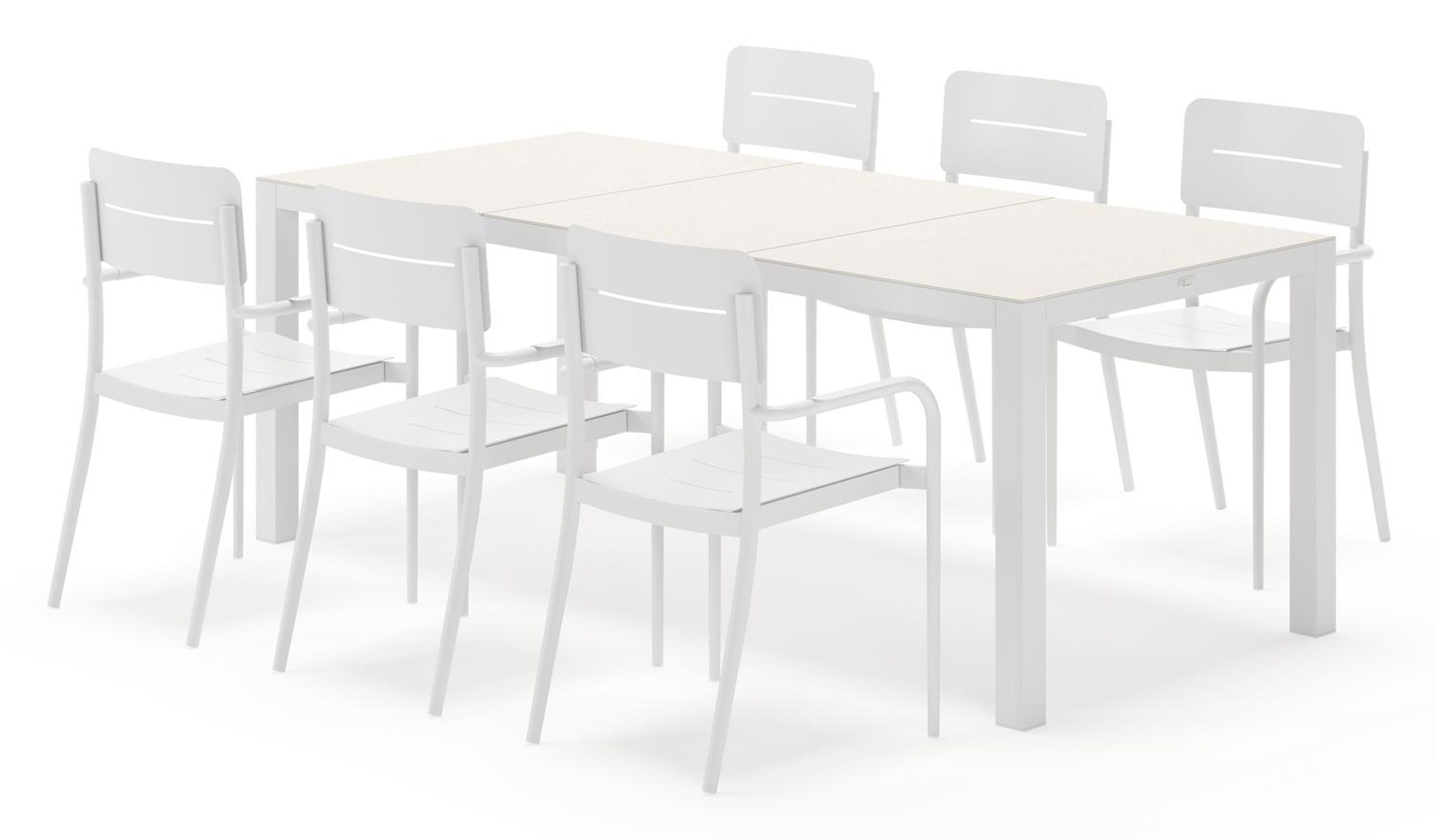 Toma tuinset rechthoekig in wit aluminium en sintered stone beige met 6 Salto tuinstoelen