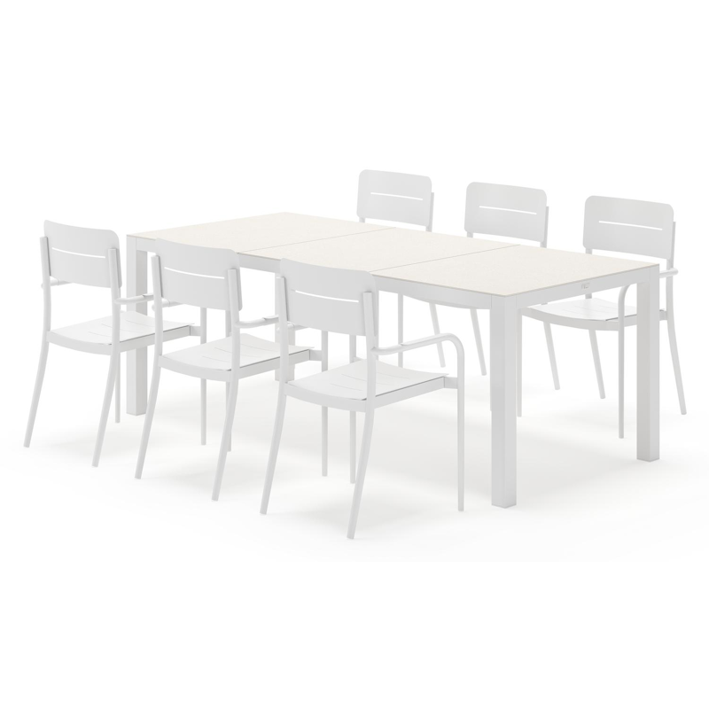 Toma tuinset rechthoekig in wit aluminium en sintered stone beige met 6 Salto tuinstoelen