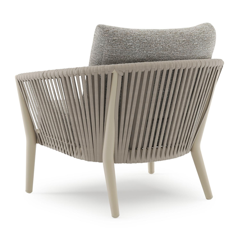 Fauteuil de jardin Orso en aluminium beige en corde luxe plate tissée verticalement beige et coussins en all weather sunbrella® luxe Tundra Pepper