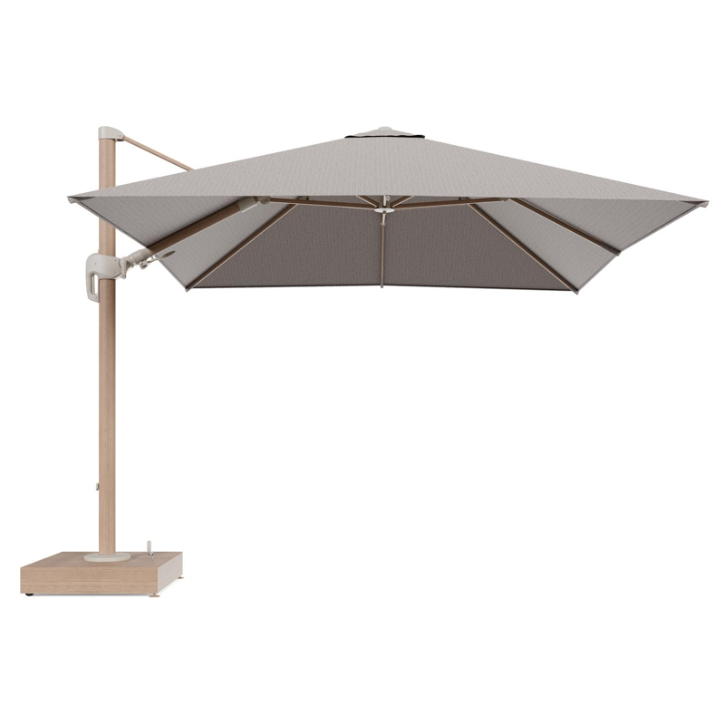 Rufina zweefparasol met tiltfunctie in houtlook aluminium en Wander Granite All Weather Sunbrella® Luxe parasoldoek - L1 300 x L2 300 cm met parasolvoet Minore 150 kg met wielen