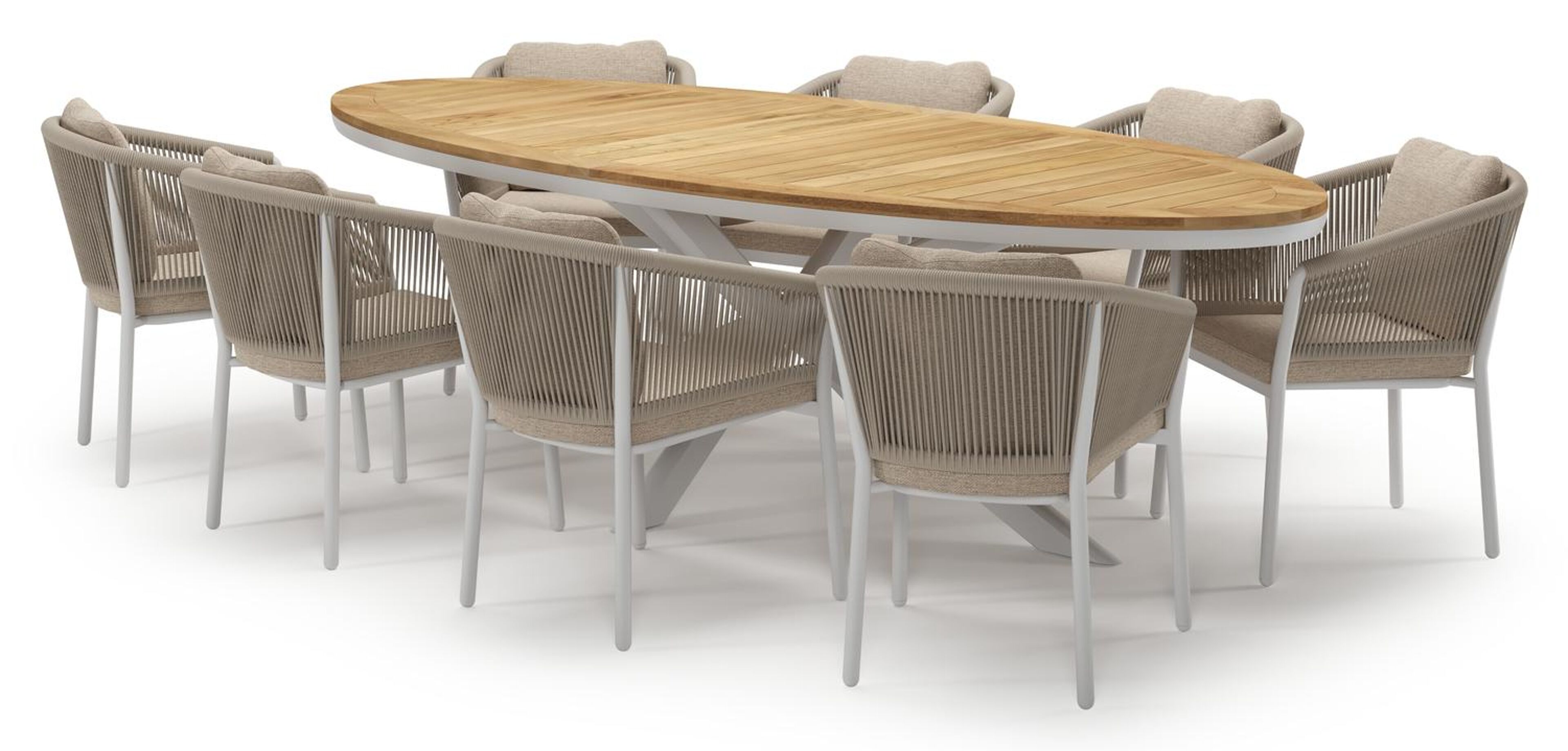 Pamplona tuinset in wit aluminium en teak met 8 Gerona tuinstoelen
