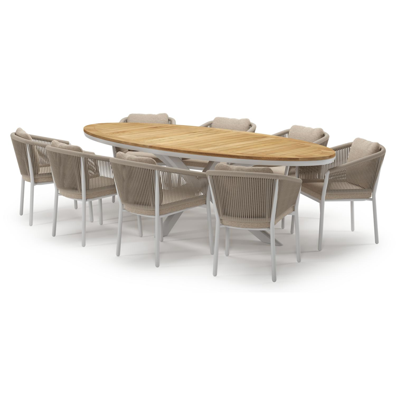 Pamplona tuinset in wit aluminium en teak met 8 Gerona tuinstoelen
