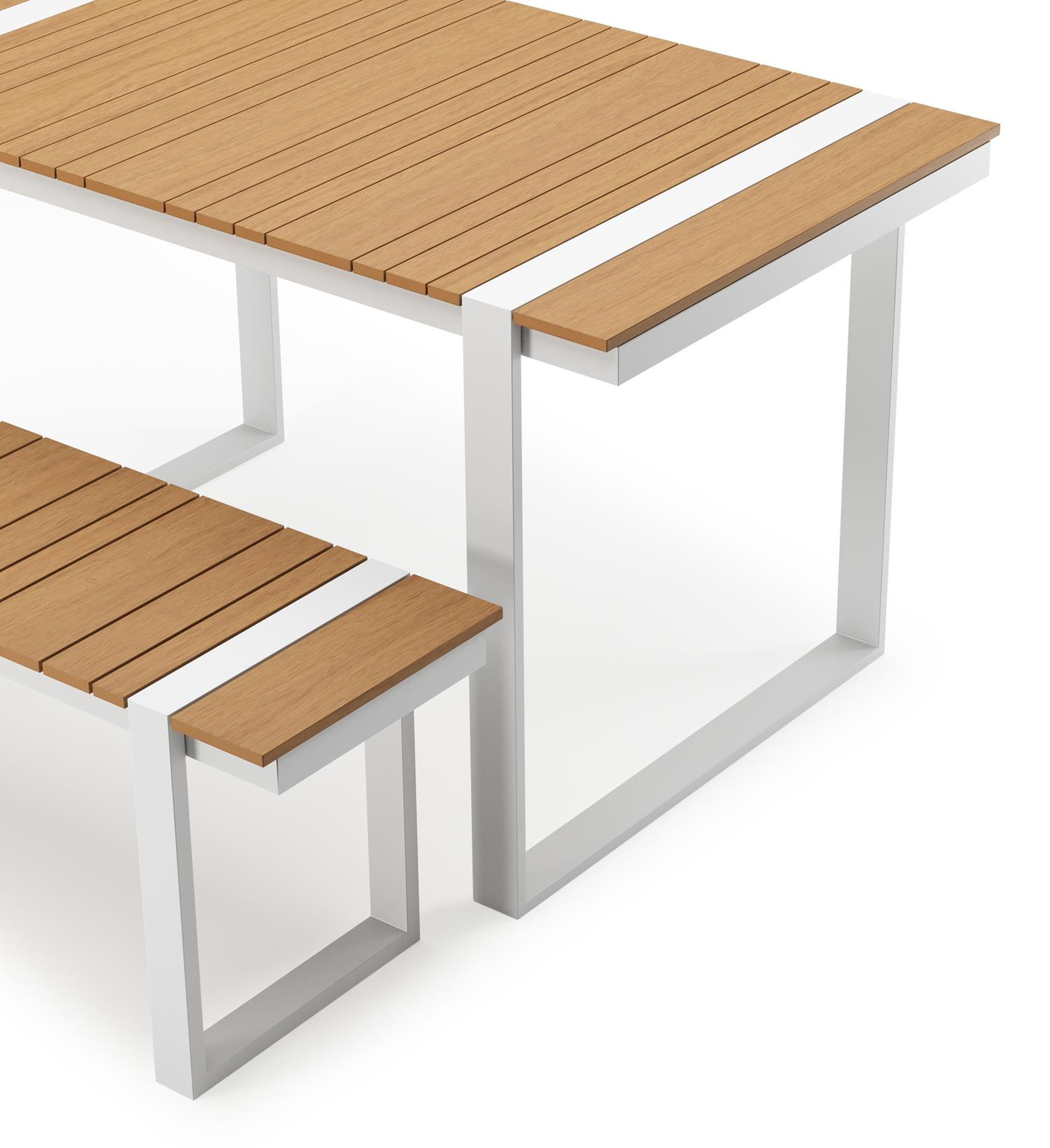 Table basse et banc Merida en blanc aluminium et polywood - Lg. 123 x Lrg. 70 x Haut. 70 cm