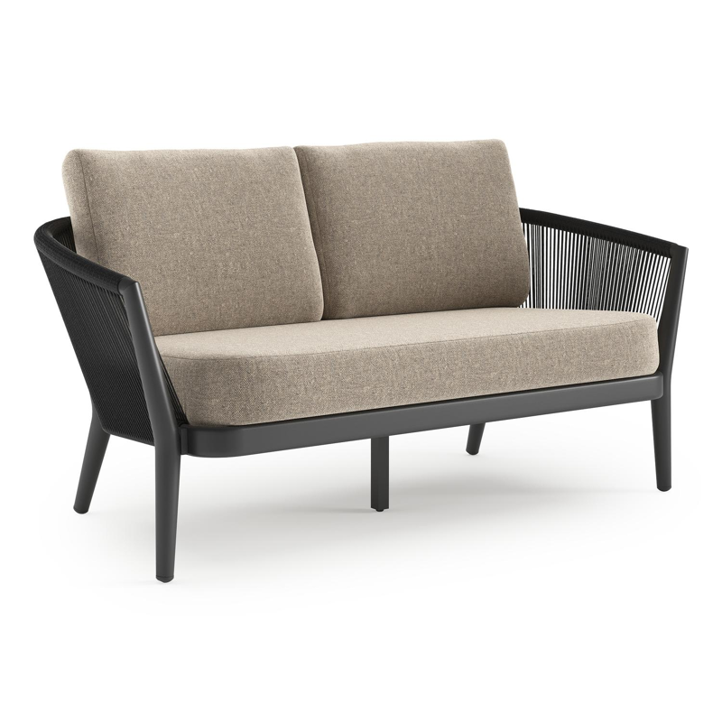 Orso loungebank in zwart aluminium en zwart verticaal geweven ronde rope met Chartres Pewter all weather sunbrella® luxe kussen