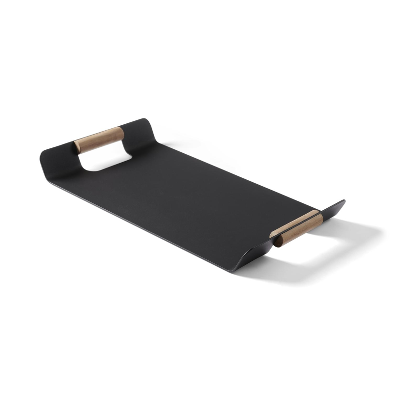 Servito dienblad/plateau in zwart aluminium met handvaten in teak - L55 x B 30 cm
