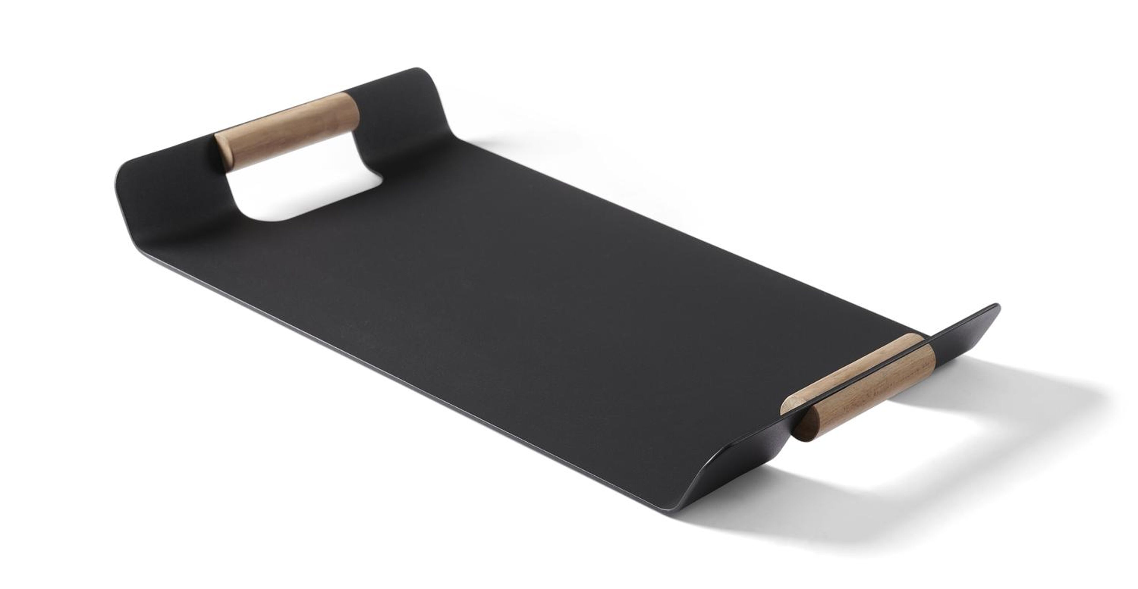 Servito dienblad/plateau in zwart aluminium met handvaten in teak - L55 x B 30 cm
