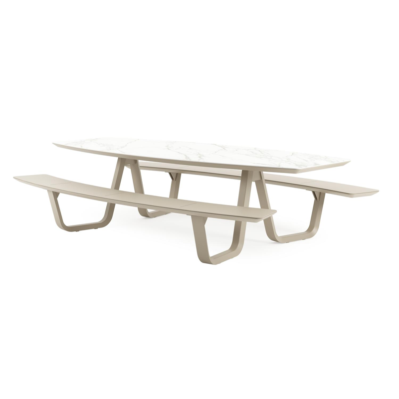Forno picknicktafel bootvorm in beige aluminium en volkeramiek Calacatta - L 280 x B 192 x H 72 cm