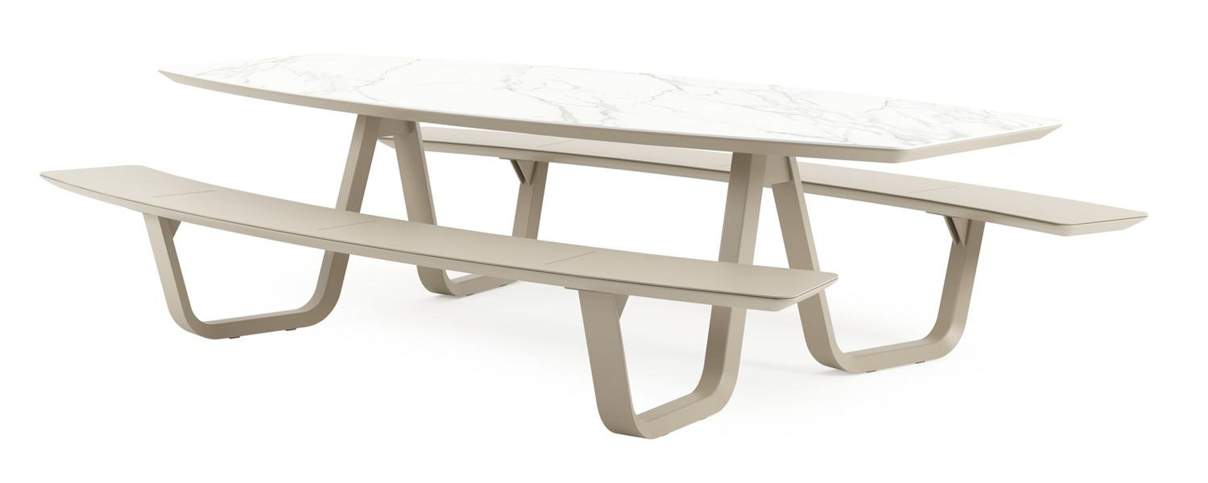 Table de pique-Forno forme de bateau en aluminium beige et céramique pleine Calacatta - Lg. 280 x Lrg. 192 x Haut. 72 cm