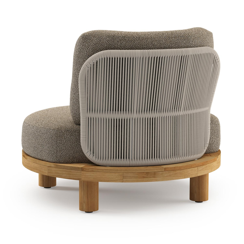 Donato loungestoel in teak en beige verticaal geweven ronde rope met all weather cosytica Madagascar Burch kussen