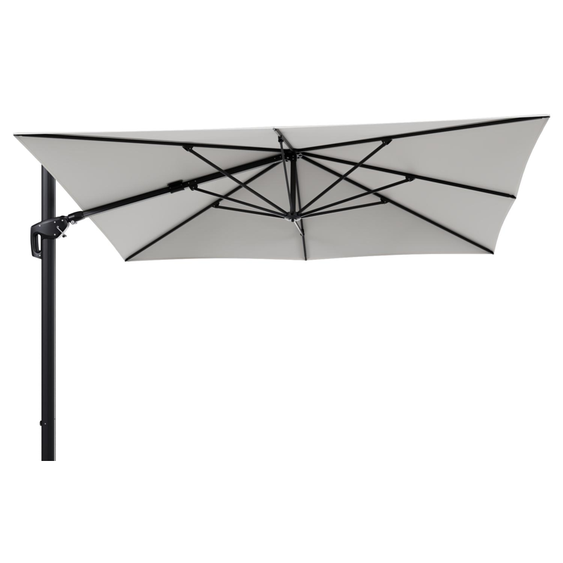 Parasol pendant Minore avec fonction tilt en aluminium noir et toile de parasol en All Weather Sunbrella® Luxe Natte White - Lg.1: 280 x Lg.2: 370 cm (sans pied de parasol