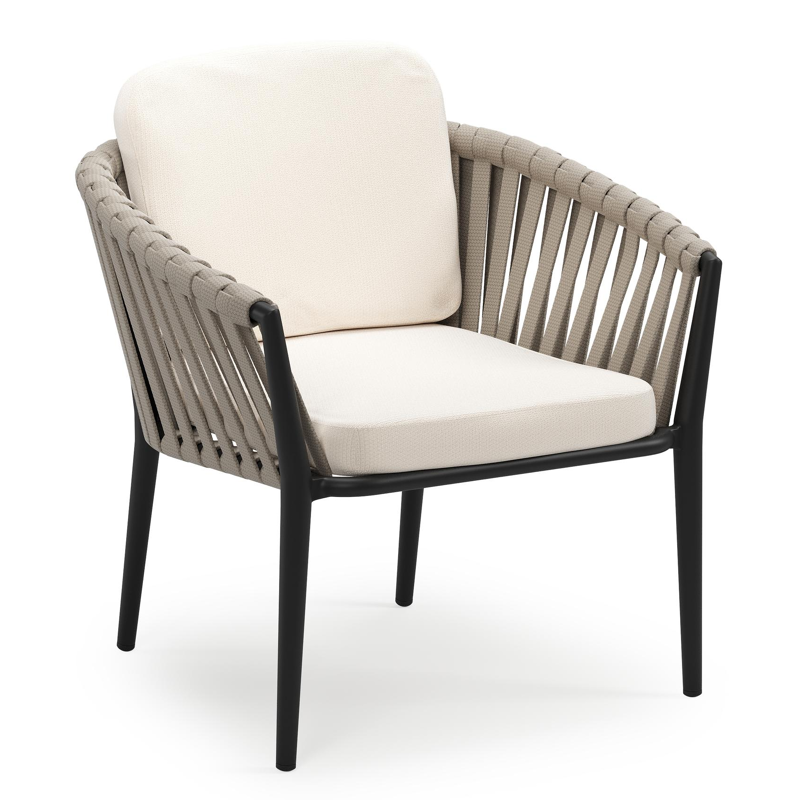 Orso low dining tuinstoel in zwart aluminium en beige verticaal geweven luxe vlakke brede rope met stoelkussen in All Weather Sunbrella® Luxe Lopi Snow