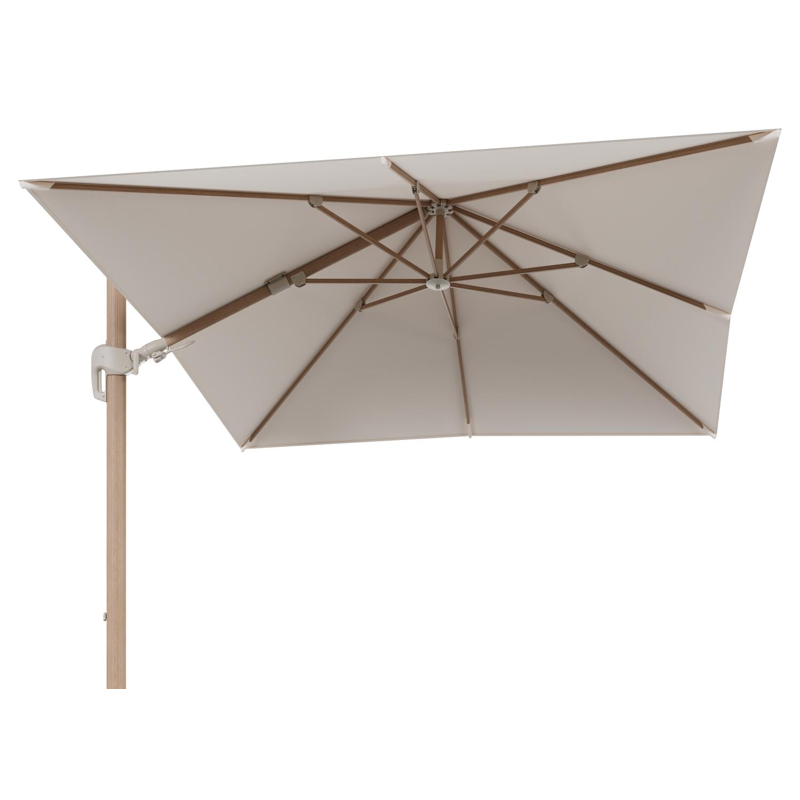 Rufina zweefparasol tiltfunctie in houtlook aluminium en parasoldoek in All Weather Sunbrella® Luxe Natte Linen Chalk - L1 300 x L2 300 cm (zonder voet) (zonder voet)