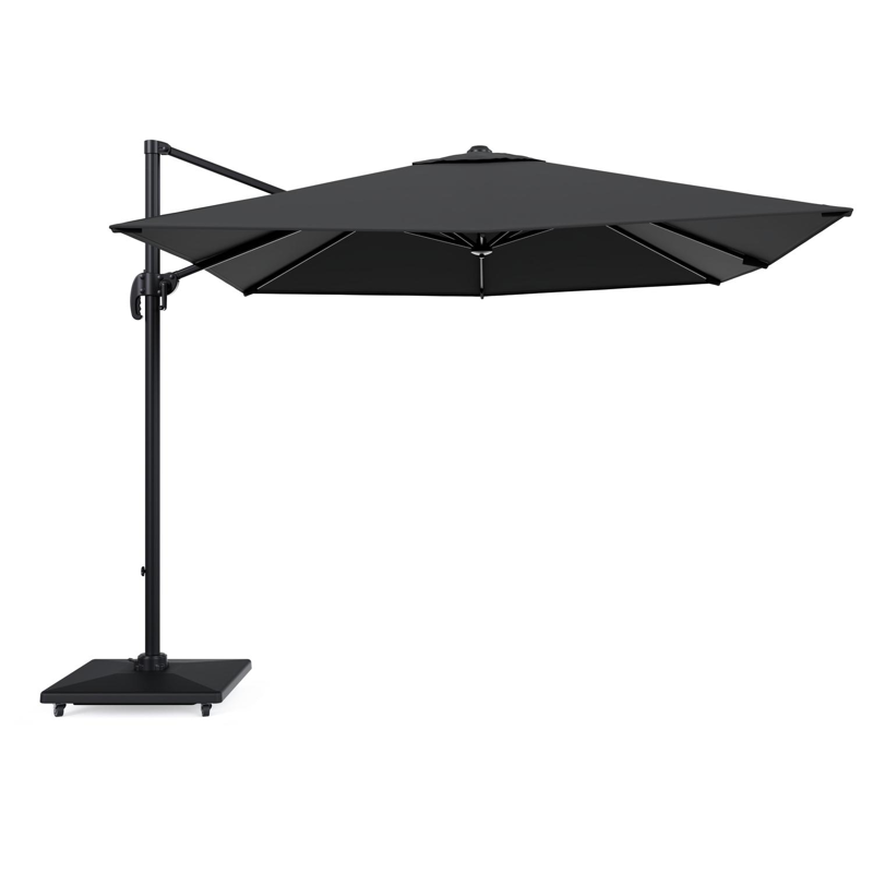 Calpe zweefparasol in zwart aluminium en zwart Weather+ Softtouch parasoldoek - L1 270 x L2 270 cm met Avola parasolvoet 90 kg met wielen