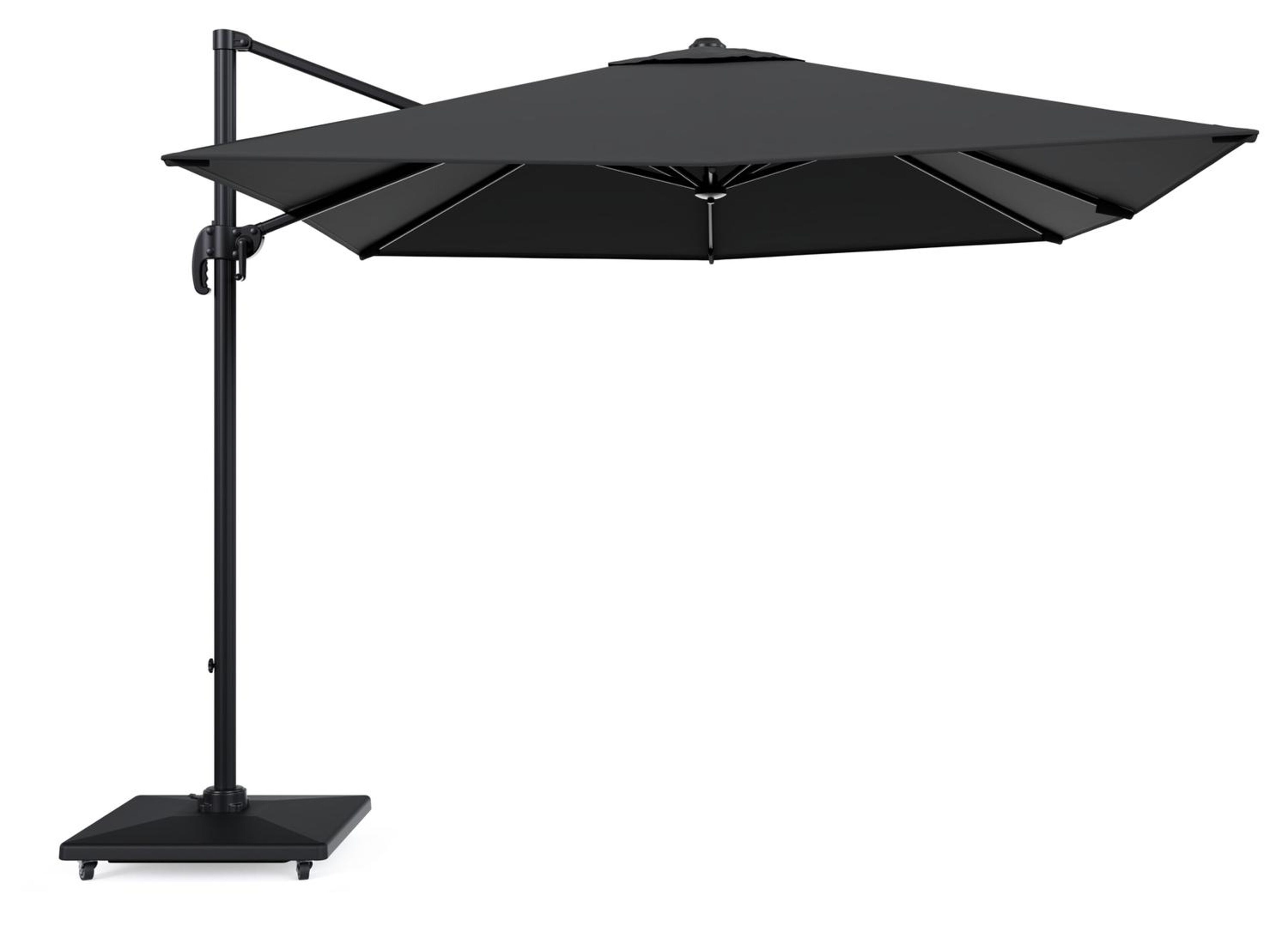 Calpe zweefparasol in zwart aluminium en zwart Weather+ Softtouch parasoldoek - L1 270 x L2 270 cm met Avola parasolvoet 90 kg met wielen
