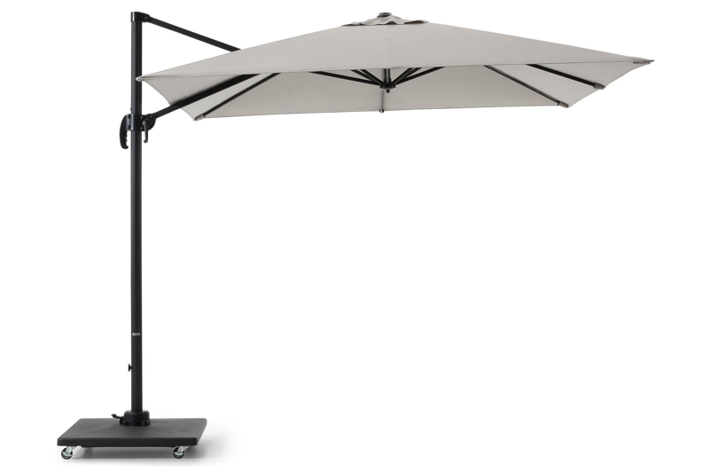 Calpe zweefparasol in zwart aluminium en grijs Weather+ Softtouch parasoldoek - L1 270 x L2 270 cm met Calpe parasolvoet 70 kg
