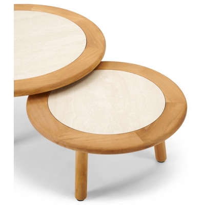 Gardo loungetafels in teak en beige volkeramiek - Dia. 80/60 x H 36,5/30,5 cm