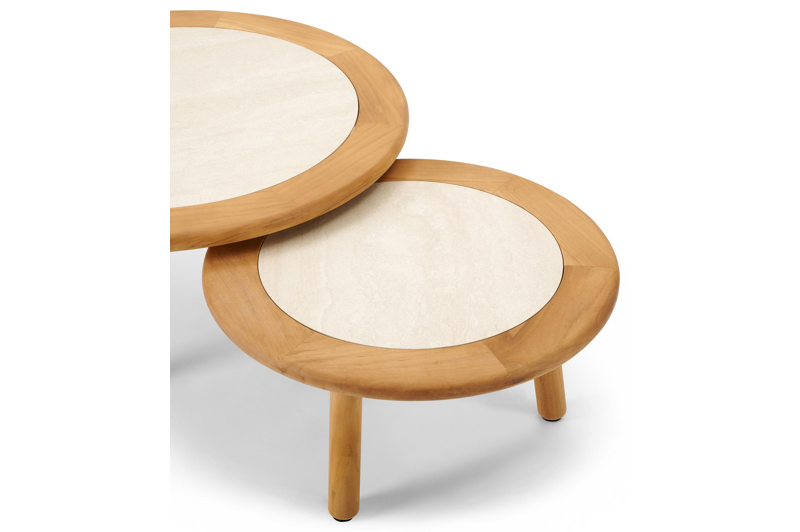 Tables basses Gardo en teck et céramique pleine beige - Diam. 80/60 x Haut. 36,5/30,5 cm