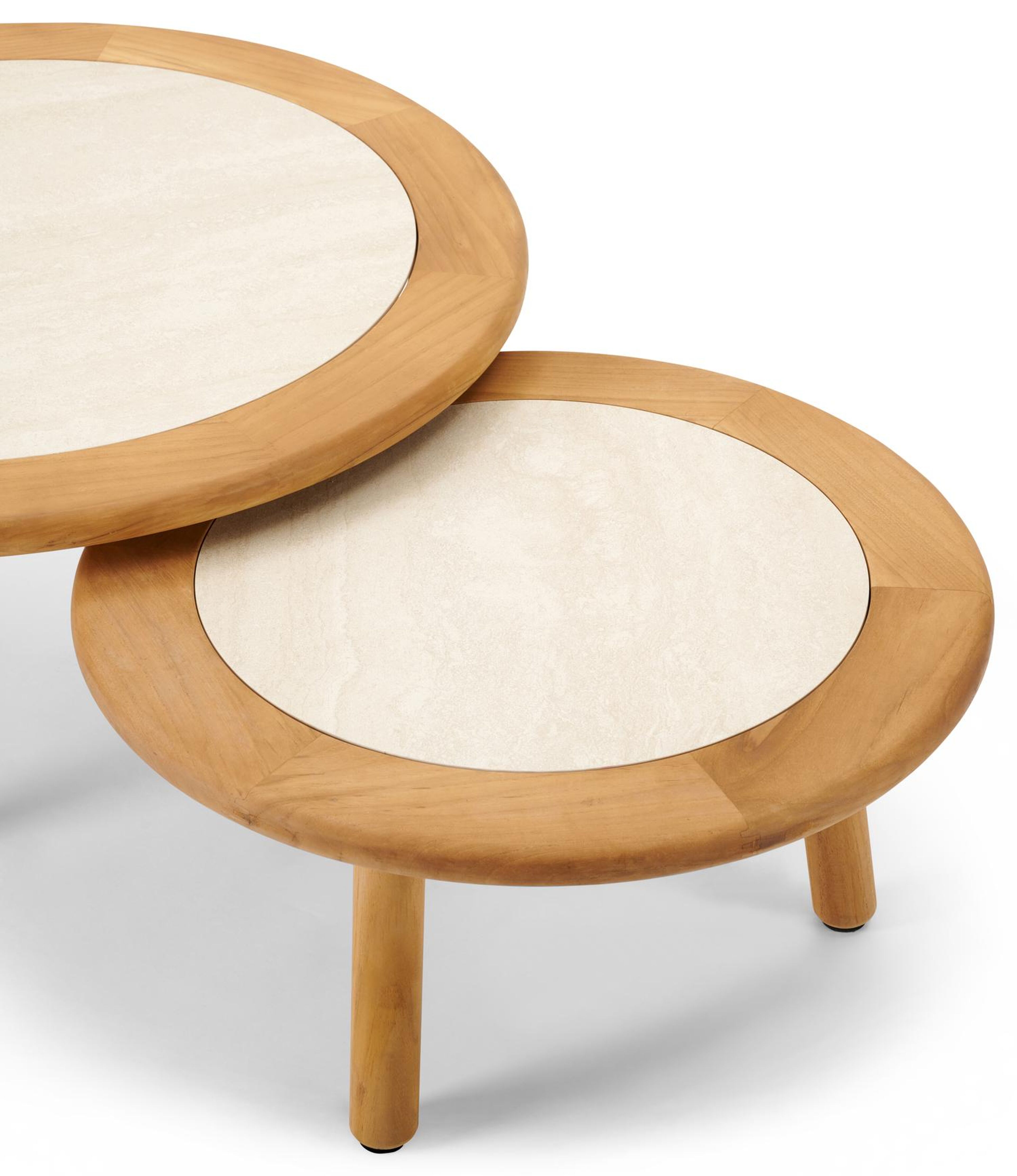 Tables basses Gardo en teck et céramique pleine beige - Diam. 80/60 x Haut. 36,5/30,5 cm